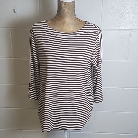 Blair Chocolate & White Striped Tee Shirt 3/4 Laced Sleeve Details - Picture 1 of 11